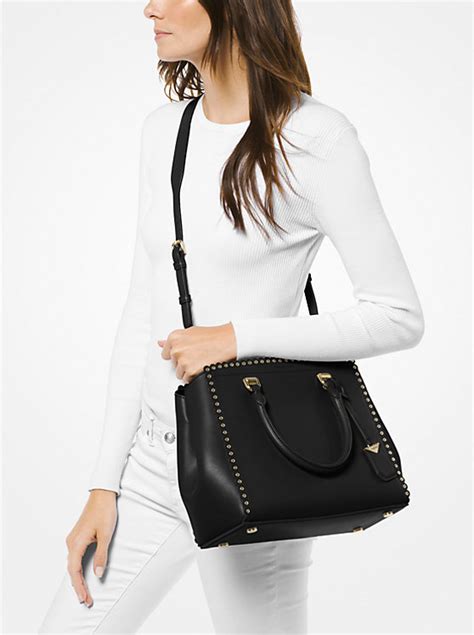 michael kors benning large leather satchel black|Benning Large Scalloped Leather Satchel .